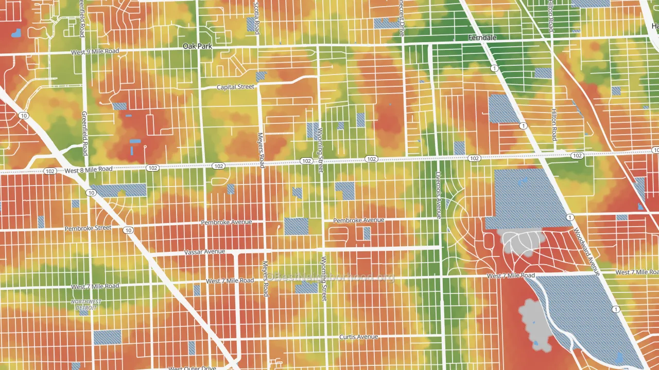 Walk Grade map of Eight Mile Wyoming, Detroit, MI, walkable areas in green and car-dependent areas in red