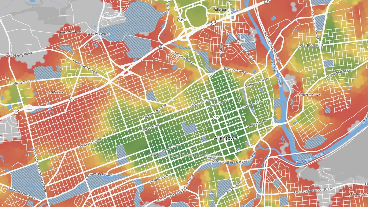 Walk Grade map of Eighth Ward, Allentown, PA, walkable areas in green and car-dependent areas in red
