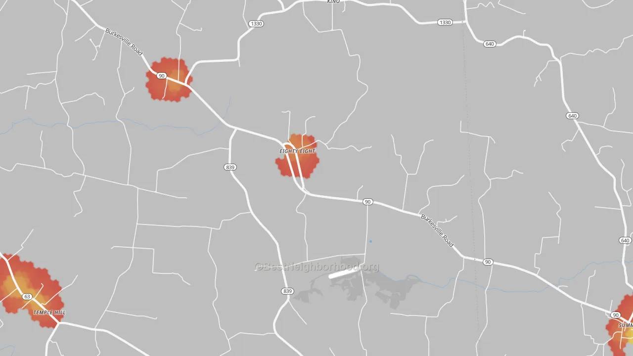 Walk Grade map of Eighty Eight, KY, walkable areas in green and car-dependent areas in red
