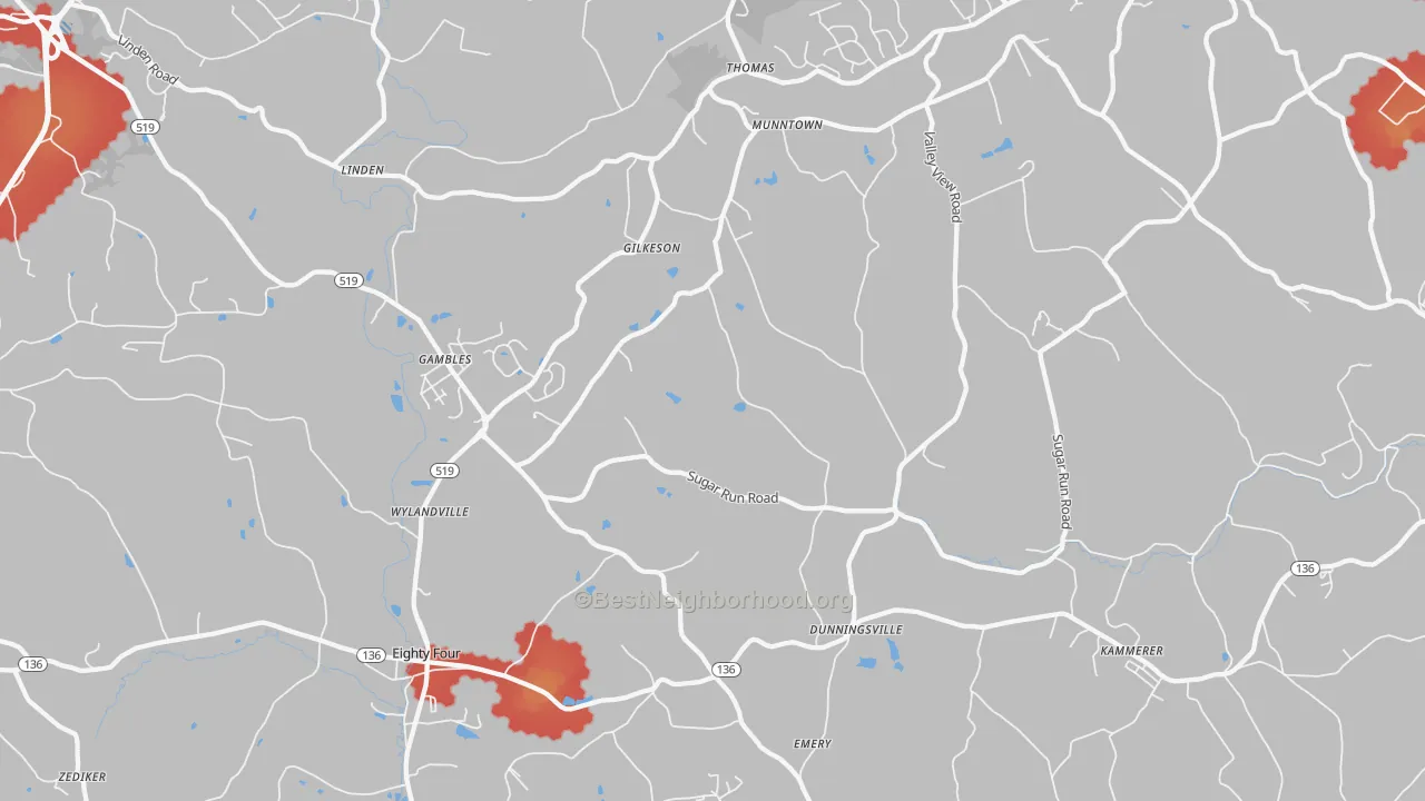 Walk Grade map of Eighty Four, PA, walkable areas in green and car-dependent areas in red