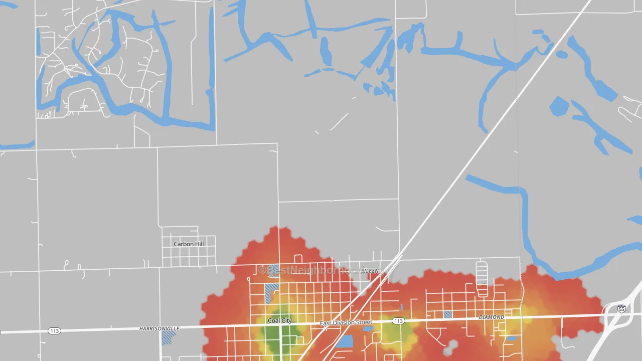 Walk Grade map of Eileen, IL, walkable areas in green and car-dependent areas in red
