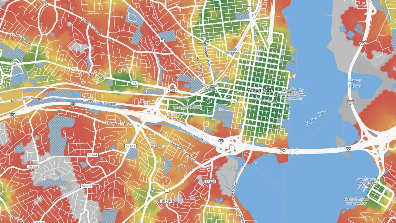 Walk Grade map of Eisenhower East, Alexandria, VA, walkable areas in green and car-dependent areas in red