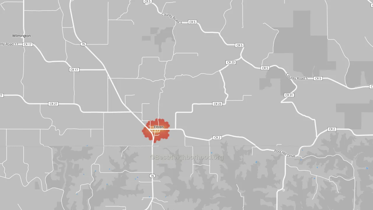 Walk Grade map of Eitzen, MN, walkable areas in green and car-dependent areas in red