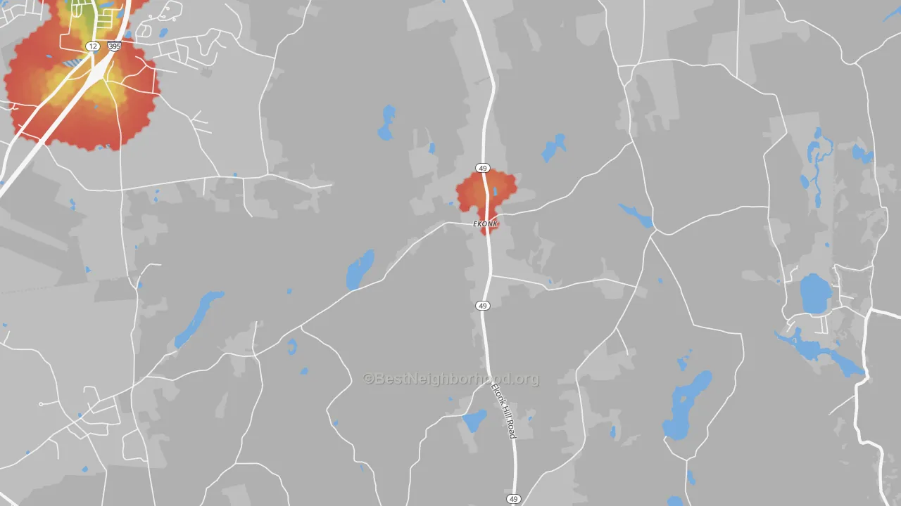 Walk Grade map of Ekonk, CT, walkable areas in green and car-dependent areas in red