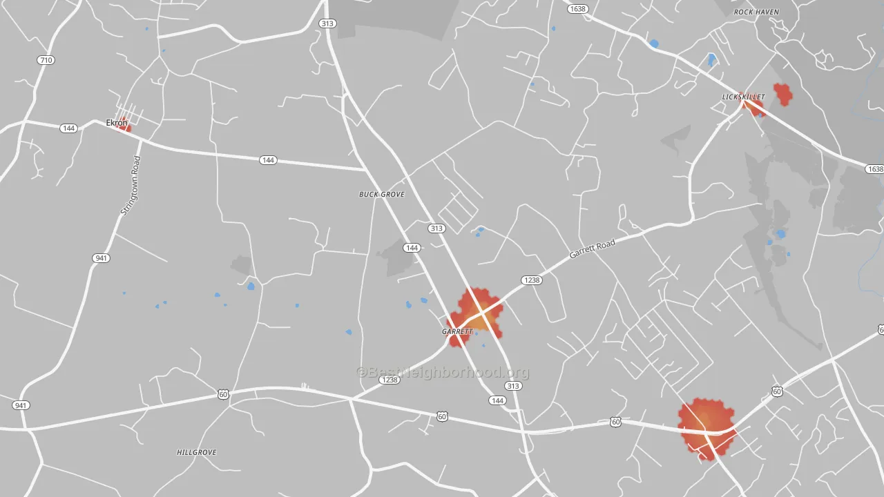 Walk Grade map of Ekron, KY, walkable areas in green and car-dependent areas in red