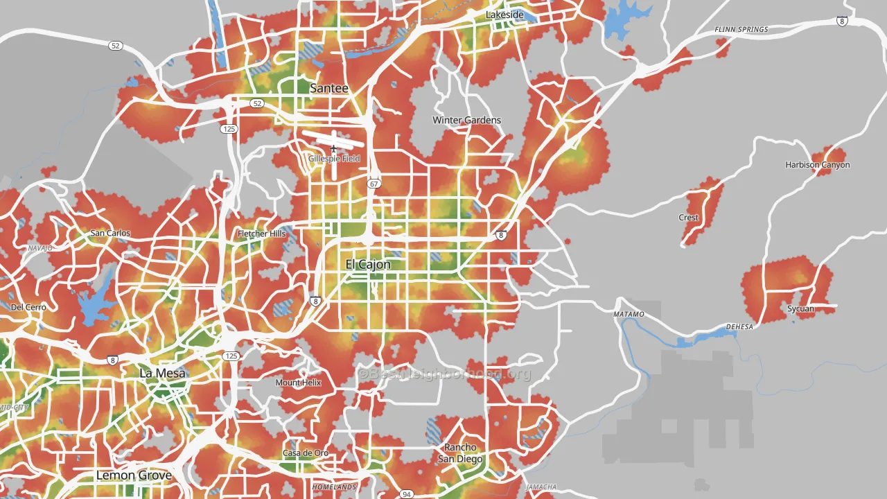 Walk Grade map of El Cajon, CA, walkable areas in green and car-dependent areas in red
