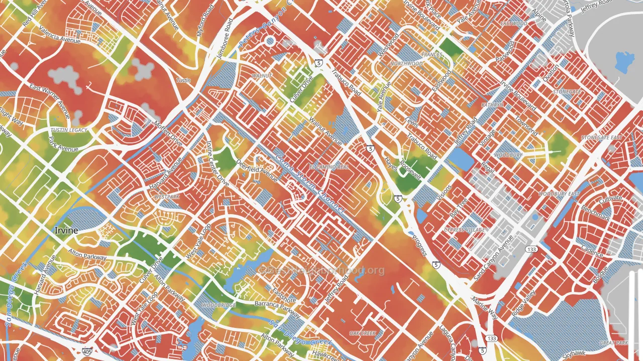 Walk Grade map of El Camino Real, Irvine, CA, walkable areas in green and car-dependent areas in red