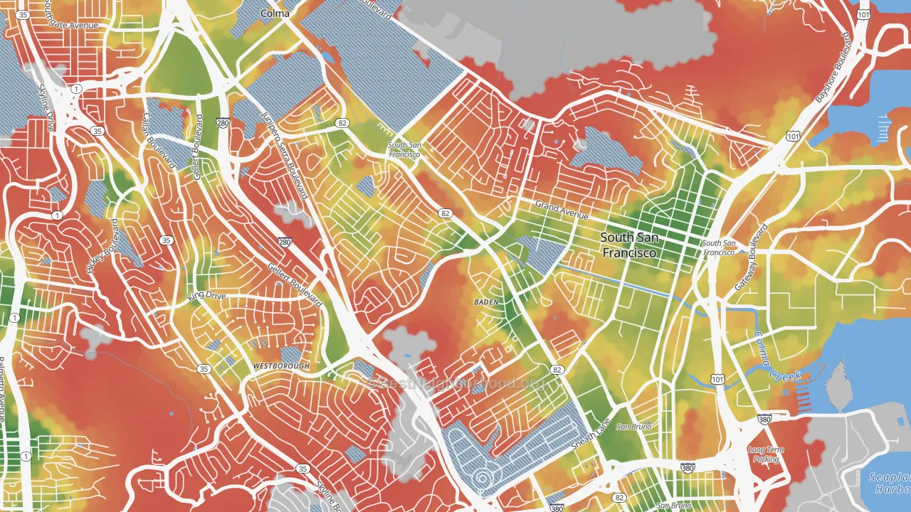 Walk Grade map of El Camino, South San Francisco, CA, walkable areas in green and car-dependent areas in red