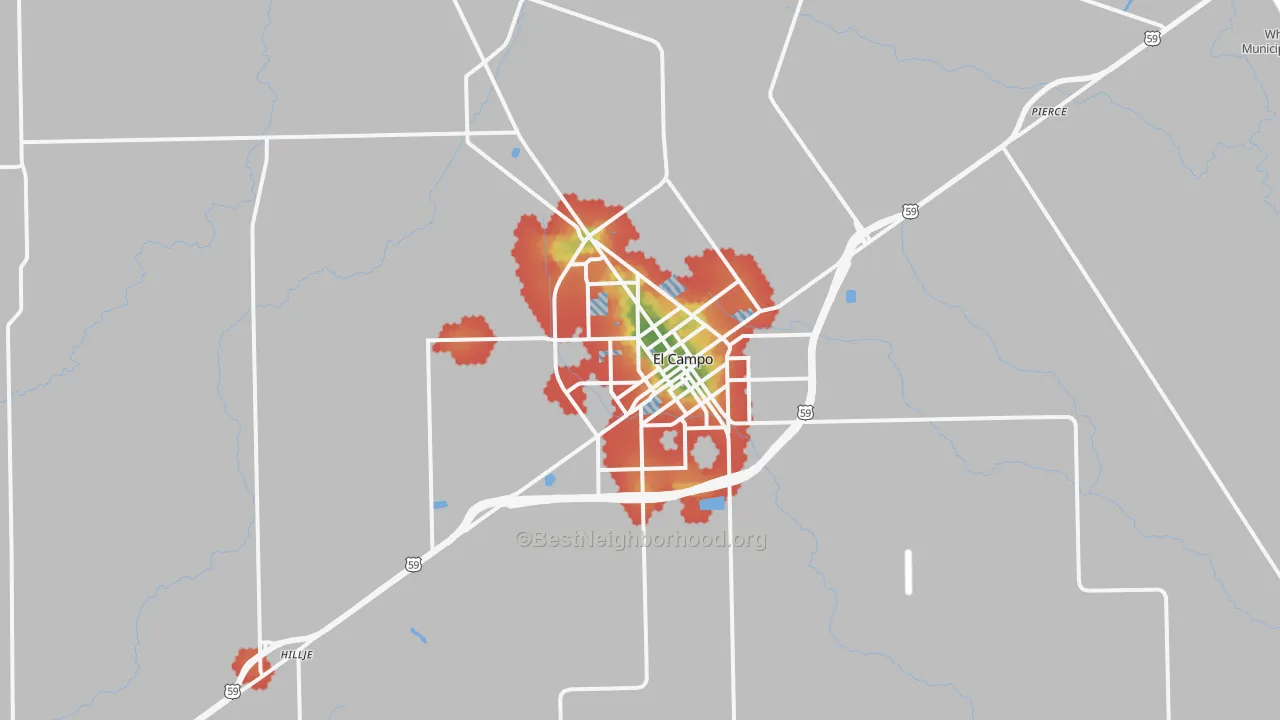 Walk Grade map of El Campo, TX, walkable areas in green and car-dependent areas in red