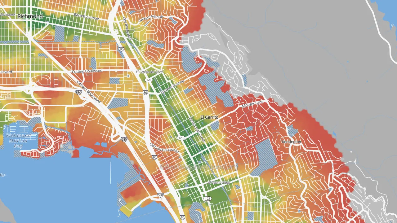 Walk Grade map of El Cerrito, CA, walkable areas in green and car-dependent areas in red