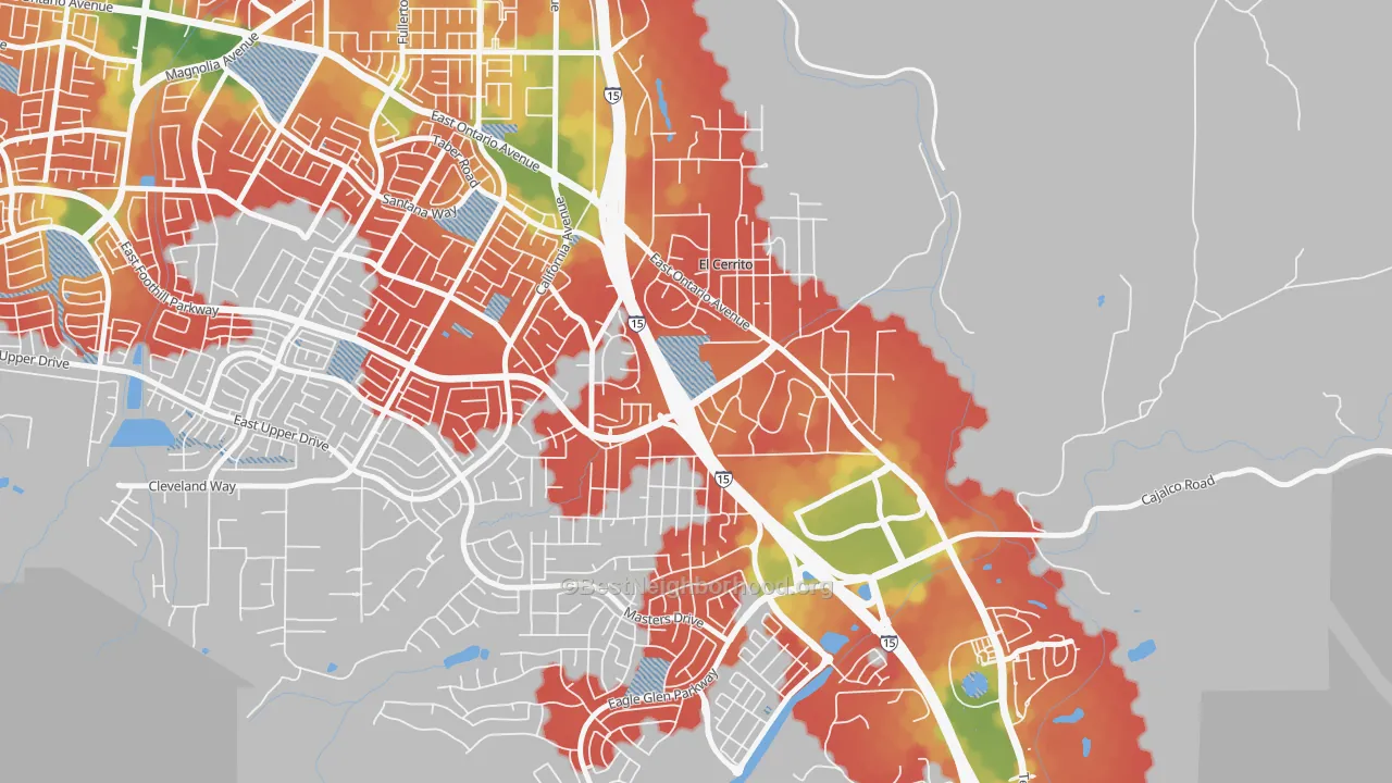 Walk Grade map of El Cerrito, Corona, CA, walkable areas in green and car-dependent areas in red