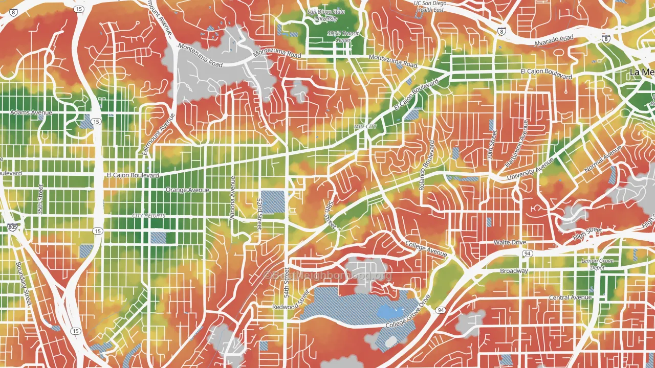 Walk Grade map of El Cerritos, San Diego, CA, walkable areas in green and car-dependent areas in red