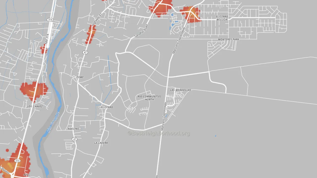 Walk Grade map of El Cerro, NM, walkable areas in green and car-dependent areas in red