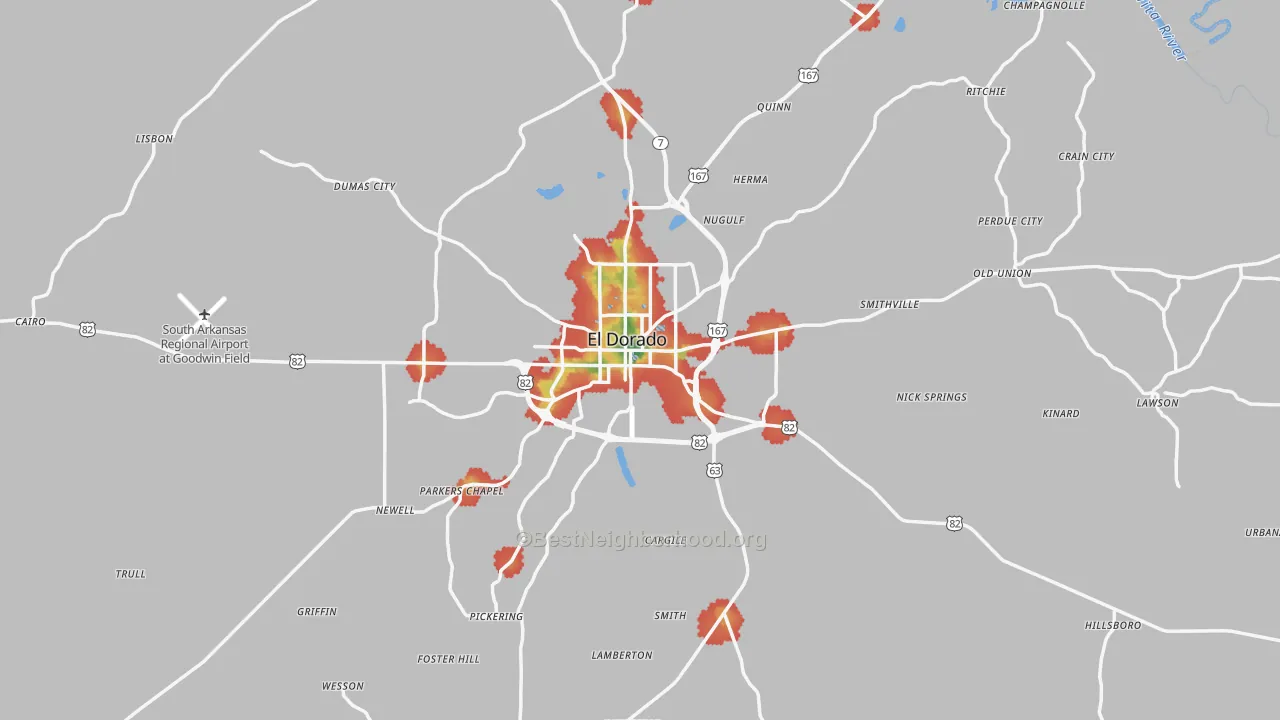 Walk Grade map of El Dorado, AR, walkable areas in green and car-dependent areas in red