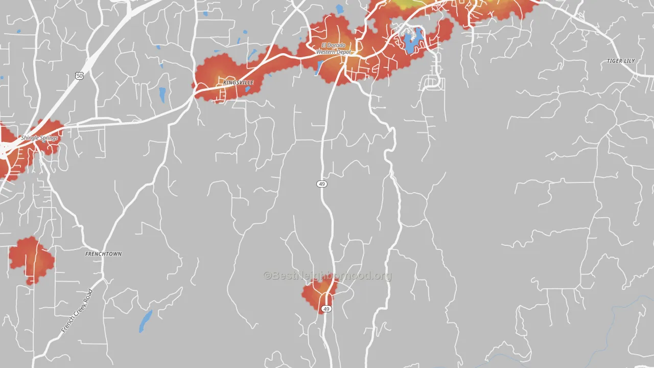 Walk Grade map of El Dorado, CA, walkable areas in green and car-dependent areas in red