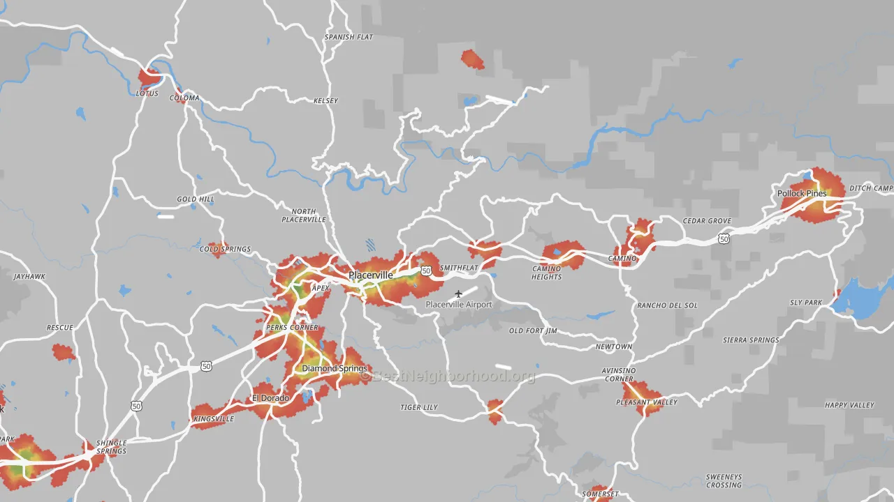 Walk Grade map of El Dorado County, CA, walkable areas in green and car-dependent areas in red