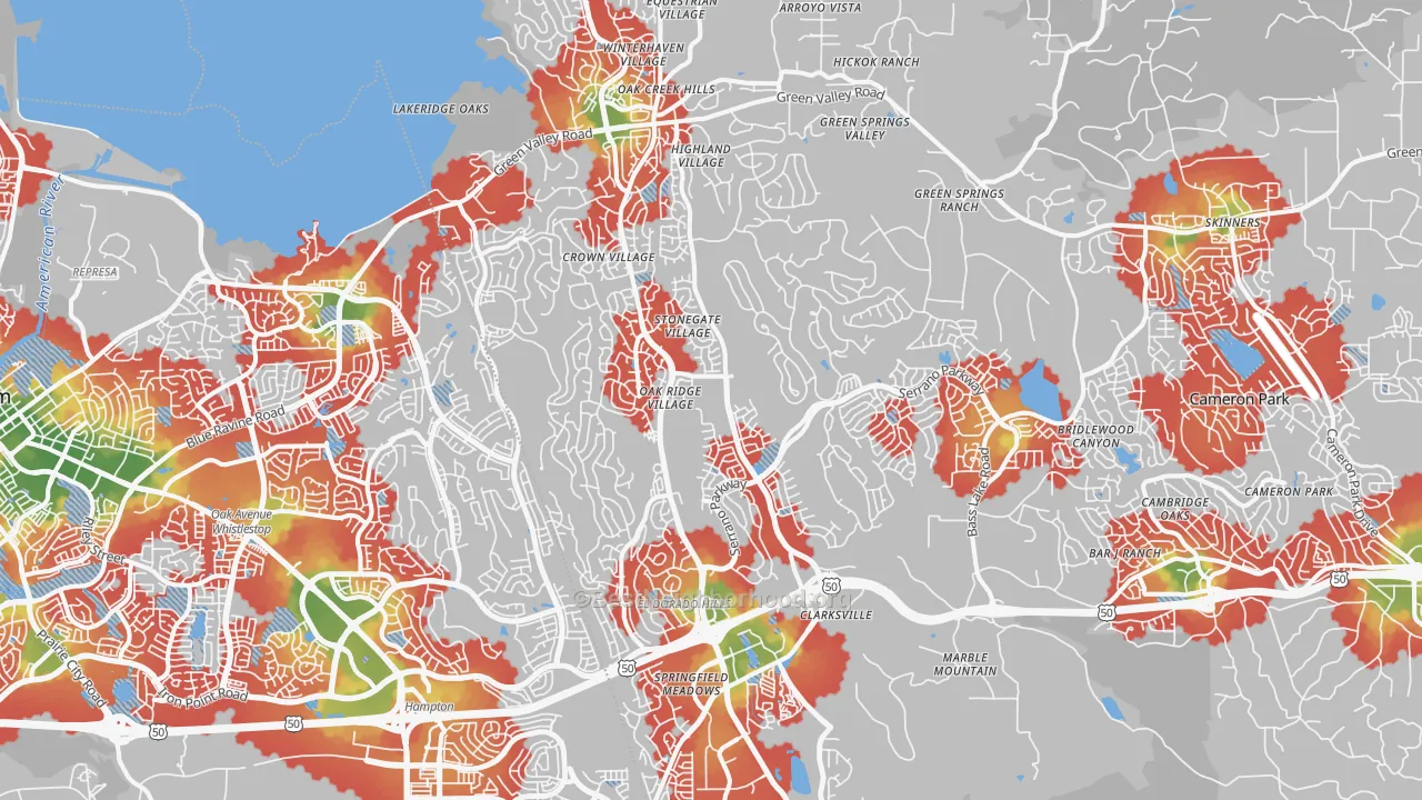 Walk Grade map of El Dorado Hills, CA, walkable areas in green and car-dependent areas in red