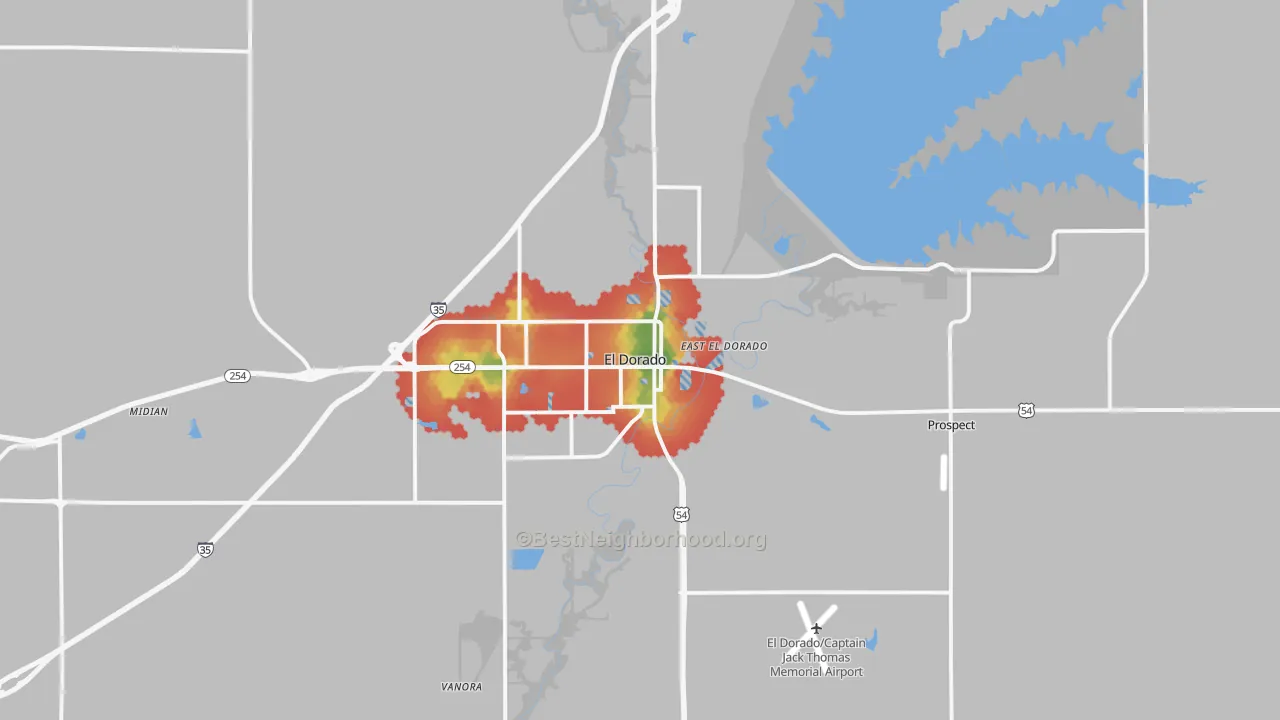 Walk Grade map of El Dorado, KS, walkable areas in green and car-dependent areas in red
