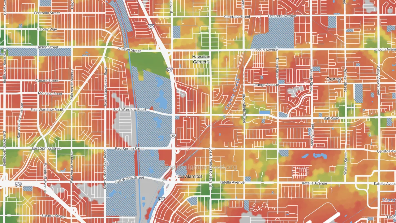 Walk Grade map of El Dorado Park, Long Beach, CA, walkable areas in green and car-dependent areas in red