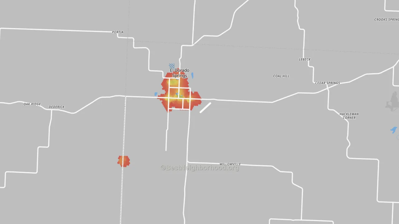 Walk Grade map of El Dorado Springs, MO, walkable areas in green and car-dependent areas in red
