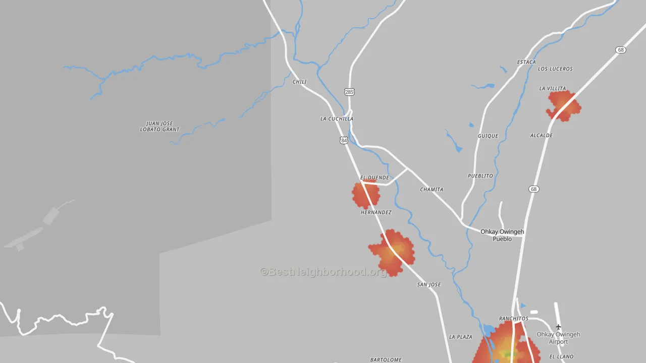 Walk Grade map of El Duende, NM, walkable areas in green and car-dependent areas in red