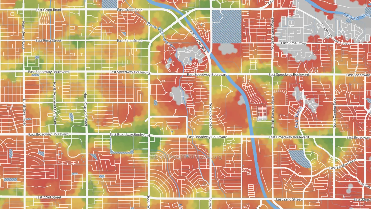 Walk Grade map of El Gheko, Tucson, AZ, walkable areas in green and car-dependent areas in red
