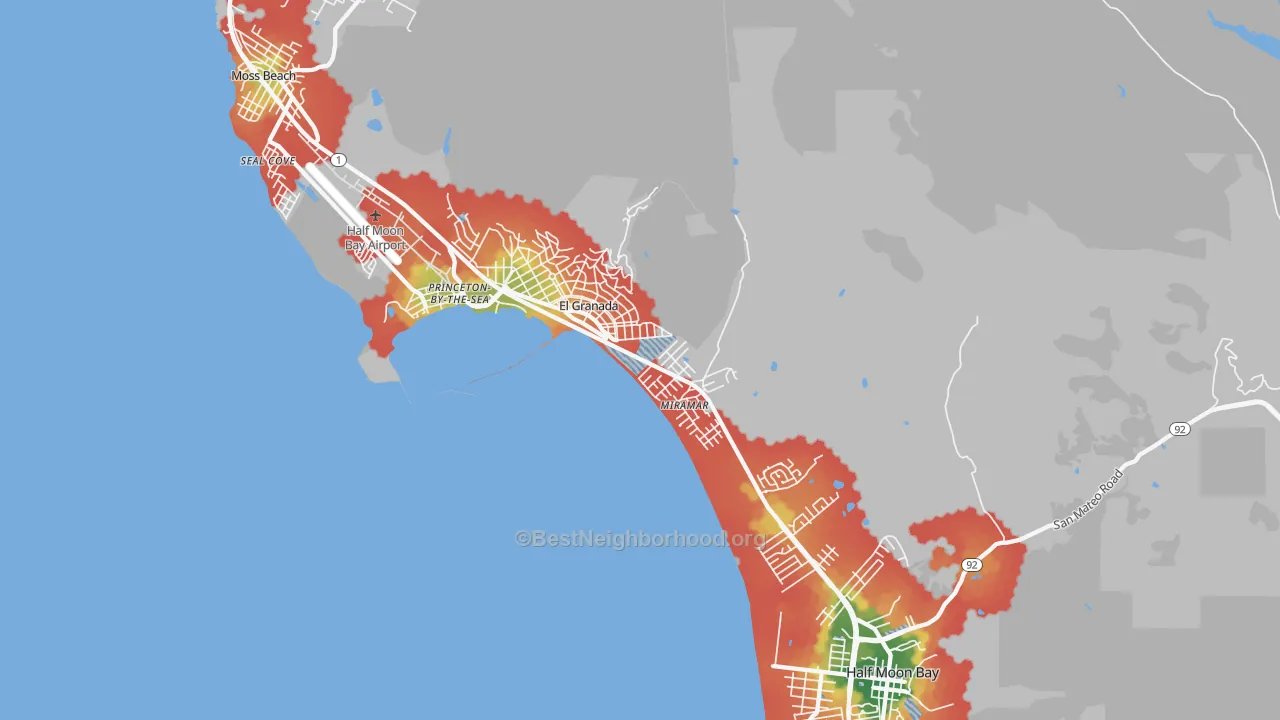 Walk Grade map of El Granada, CA, walkable areas in green and car-dependent areas in red
