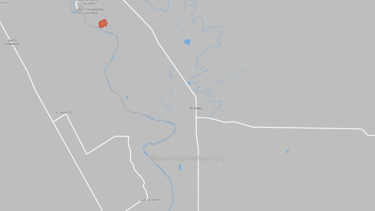 Walk Grade map of El Indio, TX, walkable areas in green and car-dependent areas in red