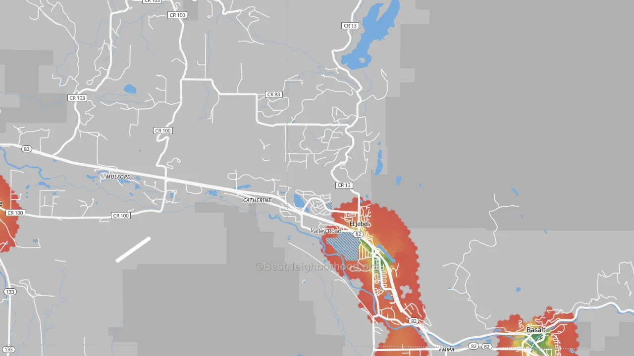 Walk Grade map of El Jebel, CO, walkable areas in green and car-dependent areas in red