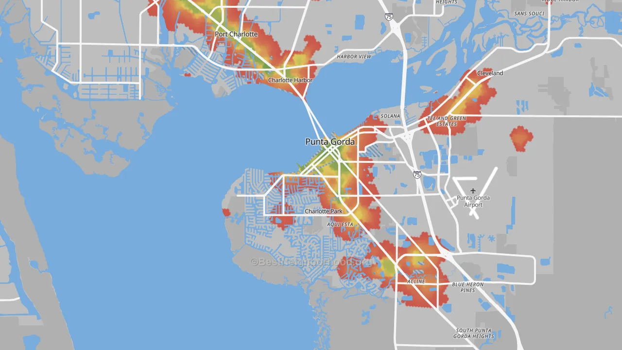Walk Grade map of El Jobean, FL, walkable areas in green and car-dependent areas in red