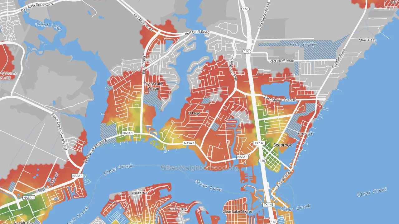 Walk Grade map of El Lago, TX, walkable areas in green and car-dependent areas in red