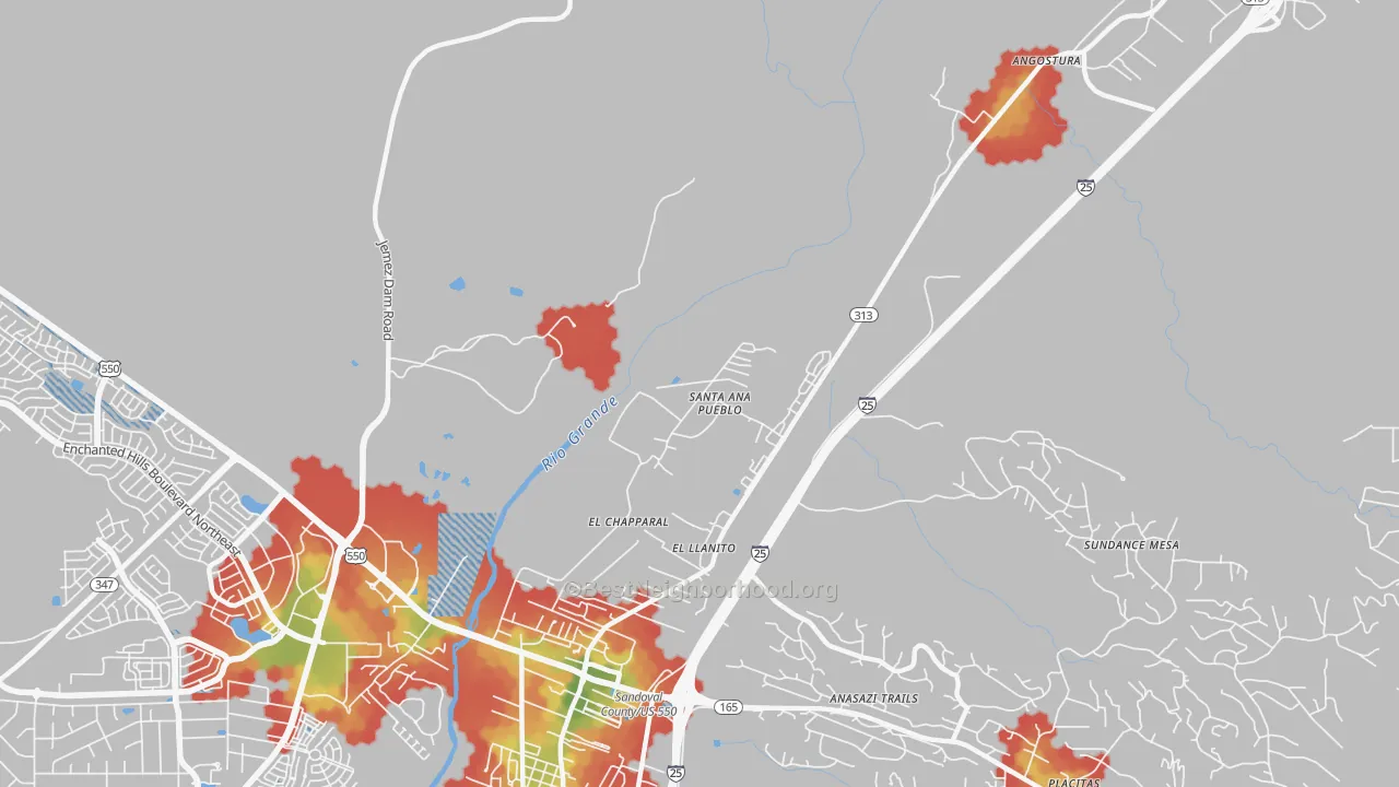 Walk Grade map of El Llanito, NM, walkable areas in green and car-dependent areas in red