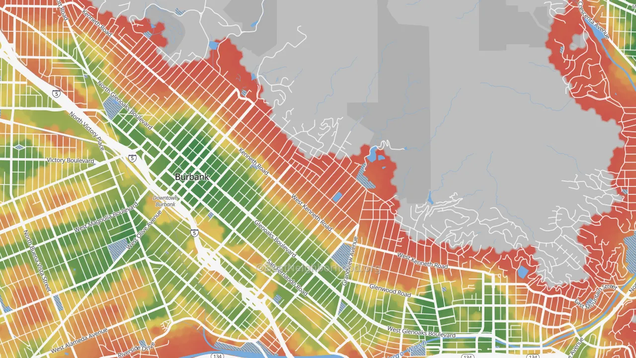 Walk Grade map of El Miradero, Glendale, CA, walkable areas in green and car-dependent areas in red