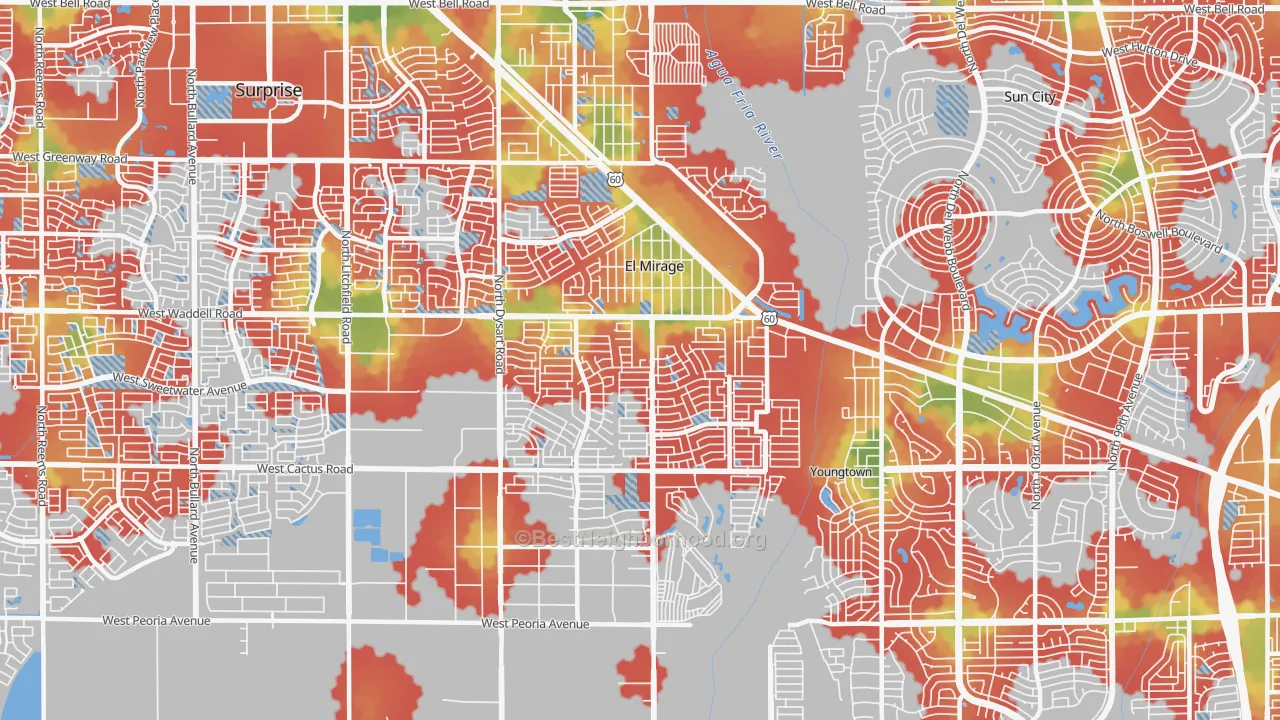 Walk Grade map of El Mirage, AZ, walkable areas in green and car-dependent areas in red