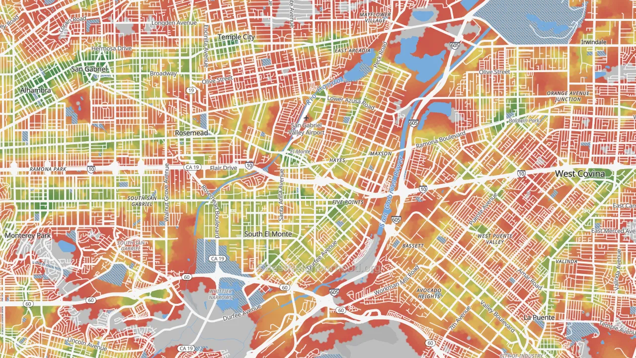 Walk Grade map of El Monte, CA, walkable areas in green and car-dependent areas in red