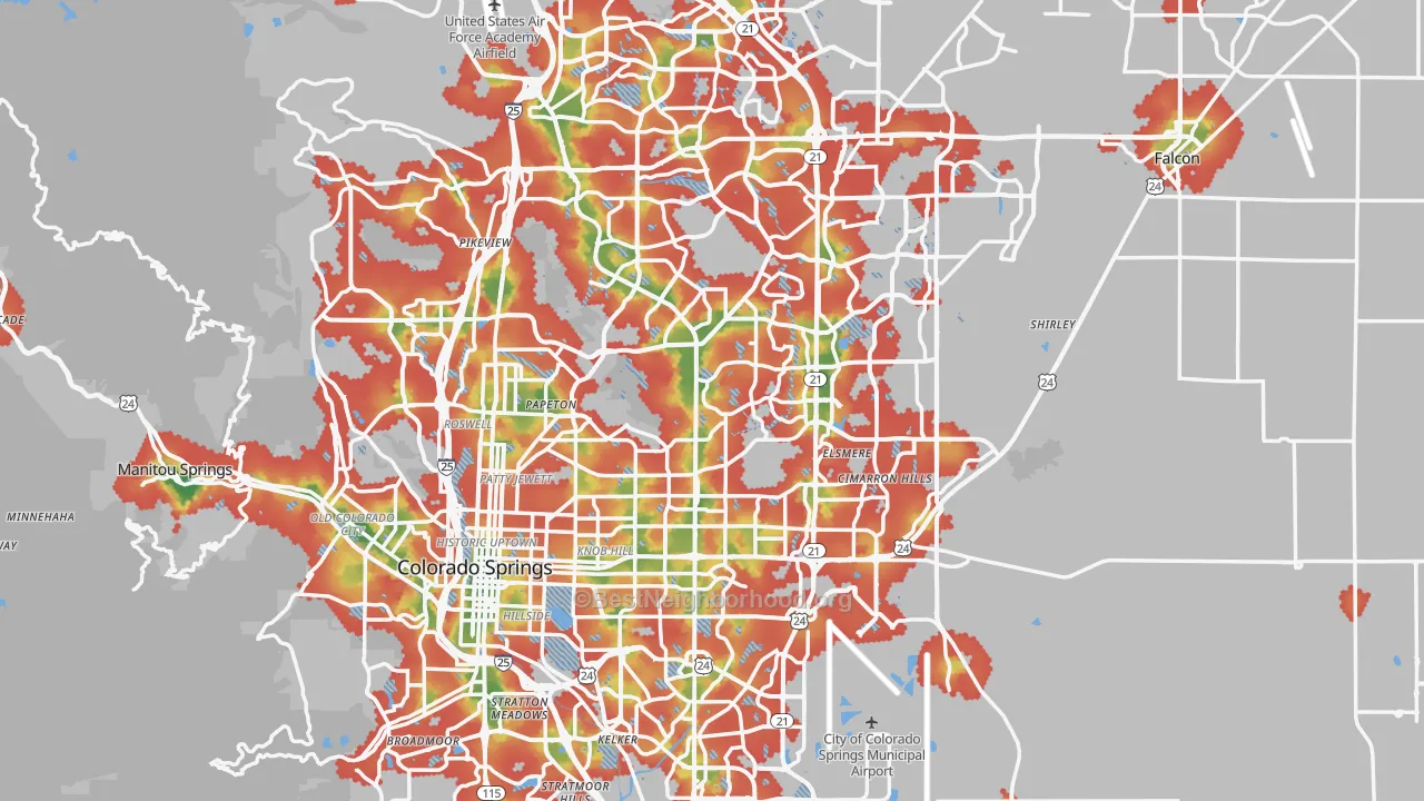 Walk Grade map of El Paso County, CO, walkable areas in green and car-dependent areas in red