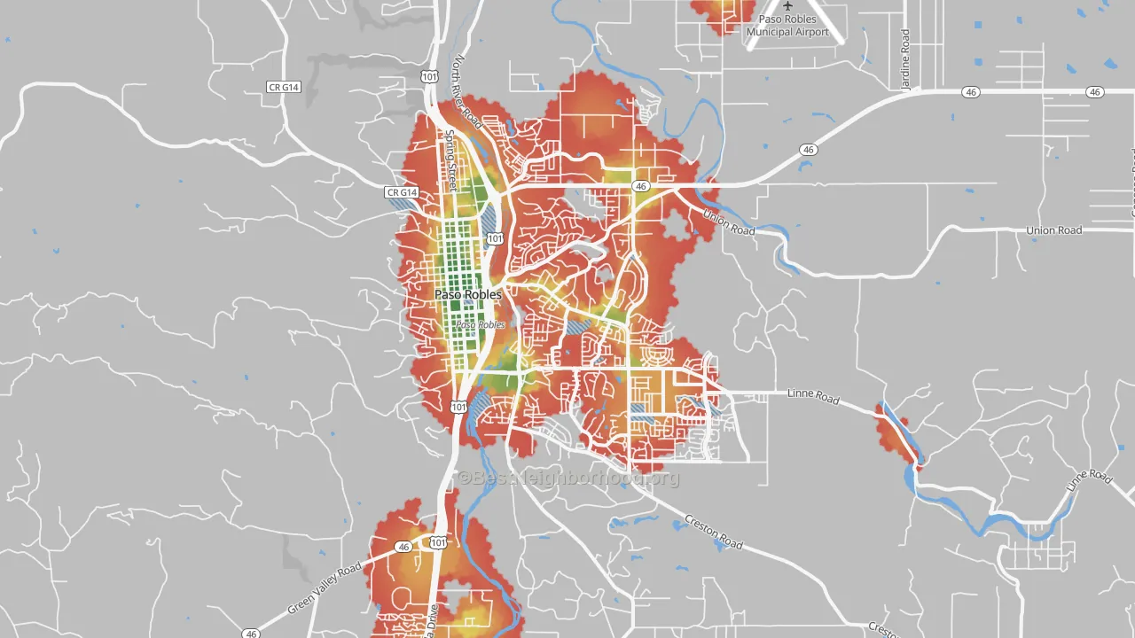 Walk Grade map of El Paso de Robles, CA, walkable areas in green and car-dependent areas in red
