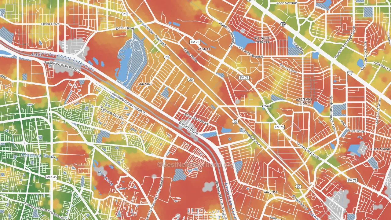 Walk Grade map of El Paso Lower Valley, El Paso, TX, walkable areas in green and car-dependent areas in red