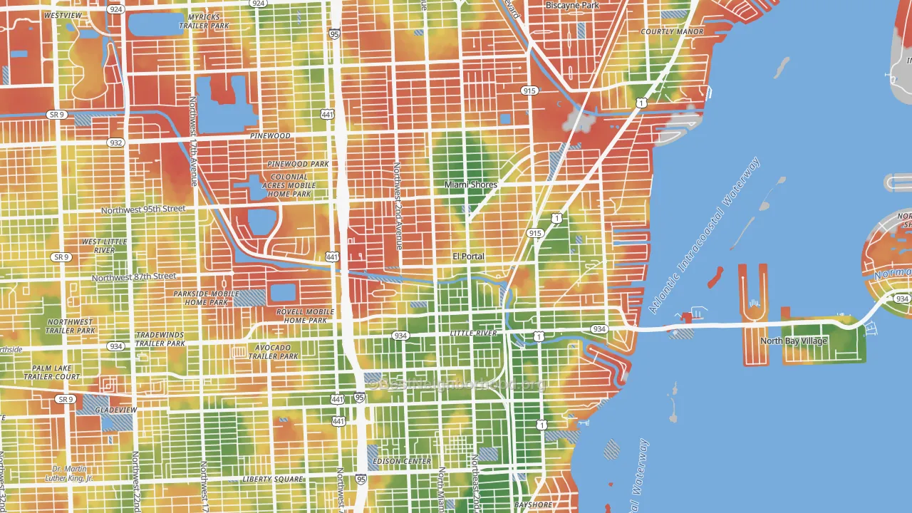 Walk Grade map of El Portal, FL, walkable areas in green and car-dependent areas in red
