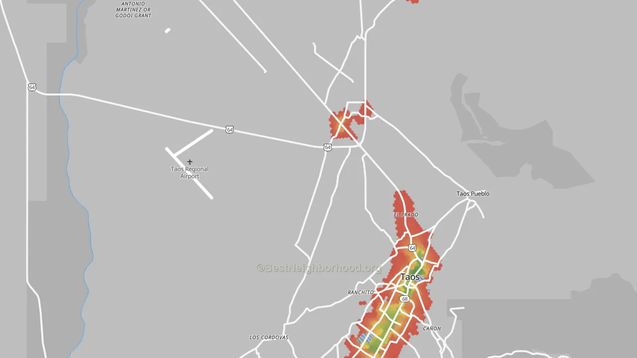 Walk Grade map of El Prado, NM, walkable areas in green and car-dependent areas in red