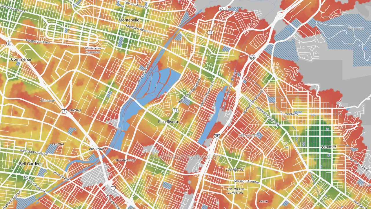 Walk Grade map of El Rancho, Pico Rivera, CA, walkable areas in green and car-dependent areas in red