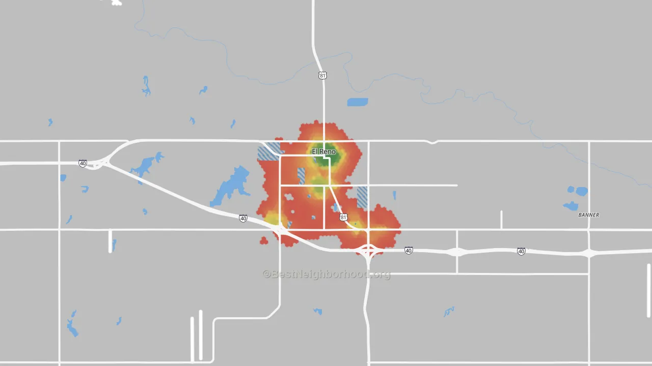 Walk Grade map of El Reno, OK, walkable areas in green and car-dependent areas in red