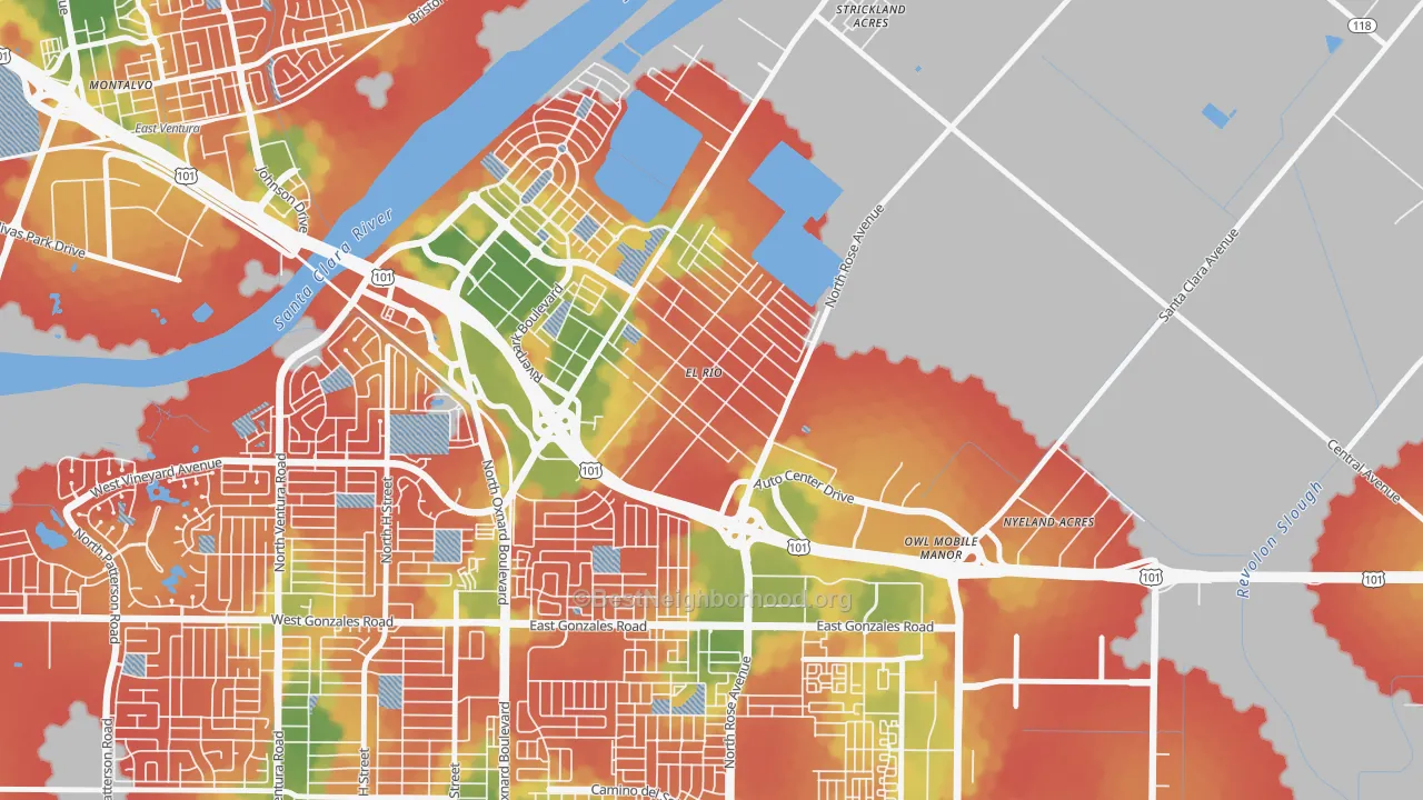 Walk Grade map of El Rio, Oxnard, CA, walkable areas in green and car-dependent areas in red