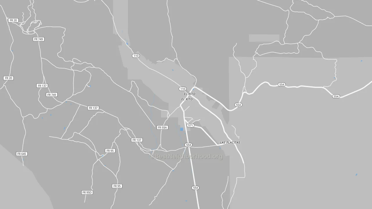 Walk Grade map of El Rito, NM, walkable areas in green and car-dependent areas in red