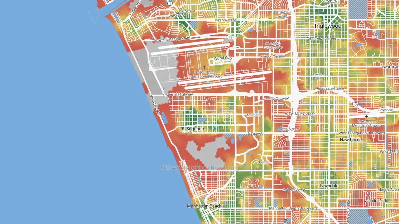 Walk Grade map of El Segundo, CA, walkable areas in green and car-dependent areas in red