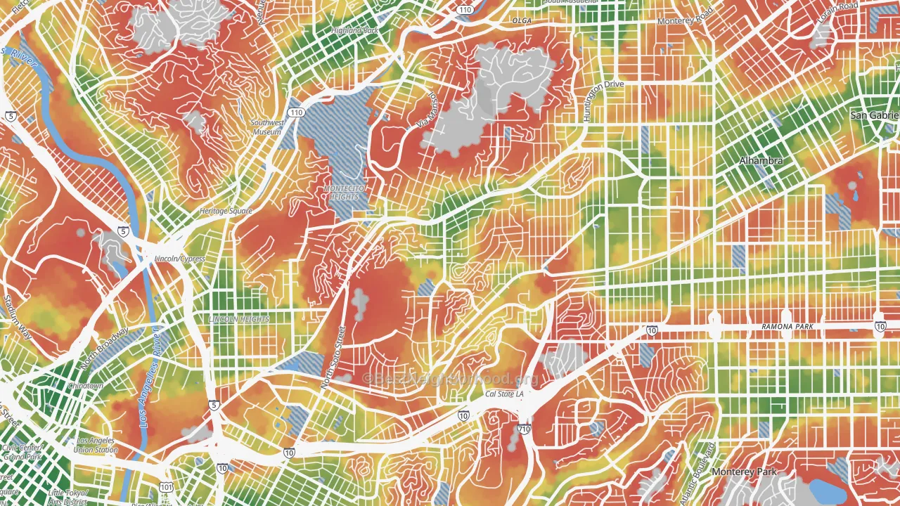 Walk Grade map of El Sereno, Los Angeles, CA, walkable areas in green and car-dependent areas in red
