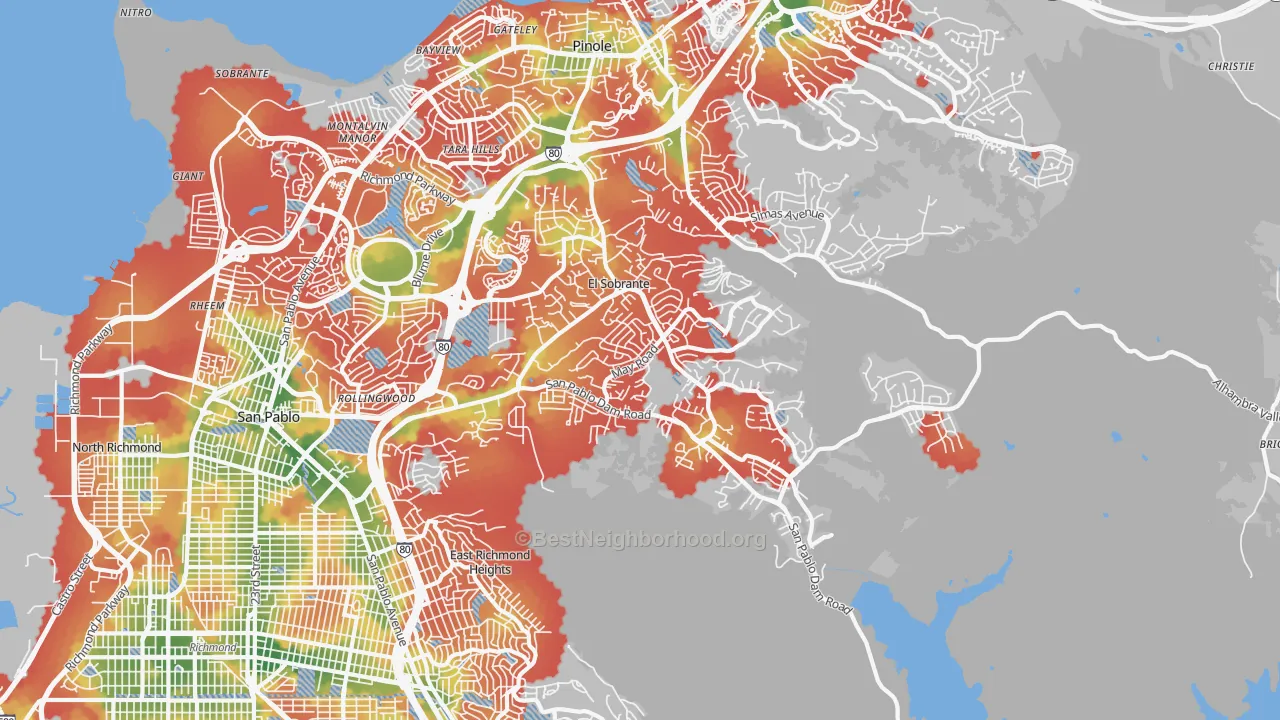 Walk Grade map of El Sobrante, CA, walkable areas in green and car-dependent areas in red