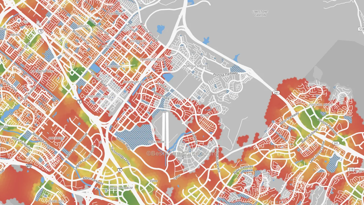 Walk Grade map of El Toro Marine Air Station, Irvine, CA, walkable areas in green and car-dependent areas in red