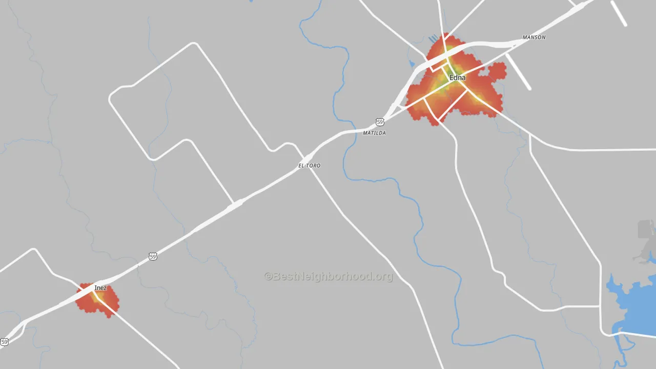 Walk Grade map of El Toro, TX, walkable areas in green and car-dependent areas in red