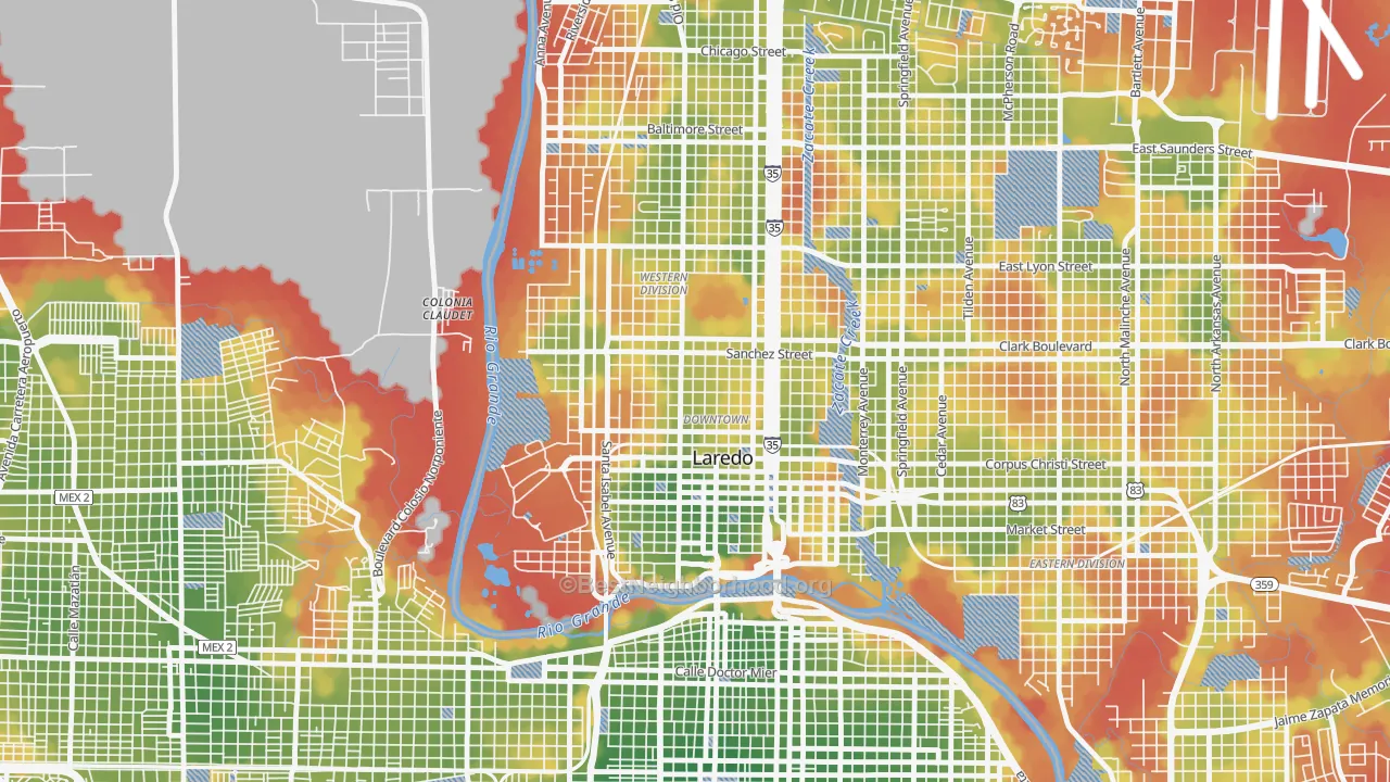 Walk Grade map of El Trece, Laredo, TX, walkable areas in green and car-dependent areas in red